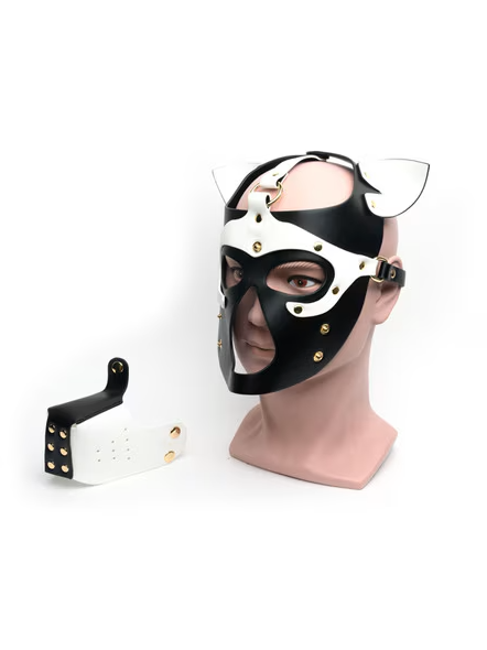 Bondage Pup Hood in black and white with adjustable straps shown from an angle