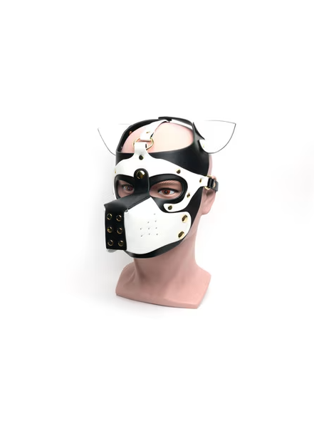 Bondage Pup Hood in black and white PU leather with realistic puppy features shown from the front