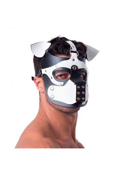 Bondage Pup Hood black and white design shown from the side profile with PU leather finish