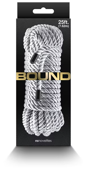 Bound Silver Rope 25ft in retail packaging – discreet, high-quality rope for restraint, BDSM, and couples exploration
