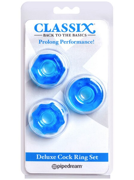 Classix Deluxe Cock Ring Set Blue – body-safe silicone rings designed to enhance erections, prolong performance, and provide shared pleasure