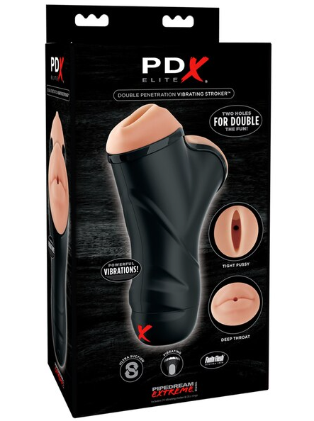 PDX Elite Double Penetration Vibrating Stroker – dual-ended silicone stroker designed for intense shared pleasure and simultaneous penetration