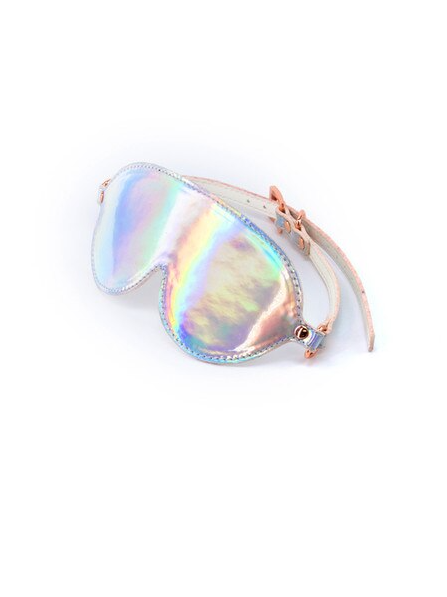 Cosmo Bondage Blindfold Rainbow with holographic vinyl finish and rose gold hardware