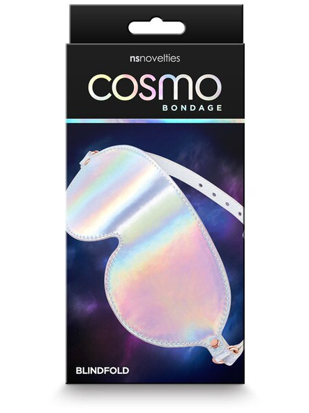Cosmo Bondage Blindfold Rainbow retail packaging showing holographic blindfold with rose gold straps