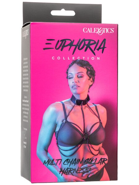 Euphoria Collection Multi Chain Collar Harness retail packaging with model display
