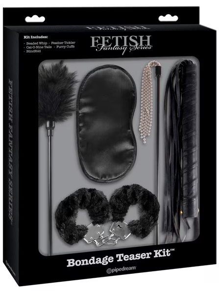 Fetish Fantasy Bondage Teaser Kit packaging with blindfold, feather tickler, cuffs, and whip set