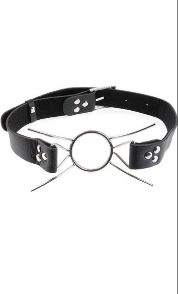 Fetish Fantasy Extreme Spider Gag with steel ring, curved metal legs, and leather strap displayed at an angle