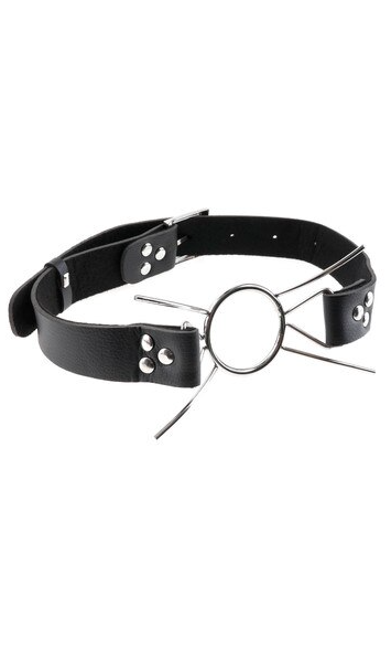 Fetish Fantasy Extreme Spider Gag shown flat with adjustable leather strap and steel ring