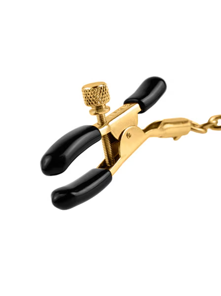 Gold Fetish Fantasy Nipple Clamps with chain for erotic and intimate sensory play