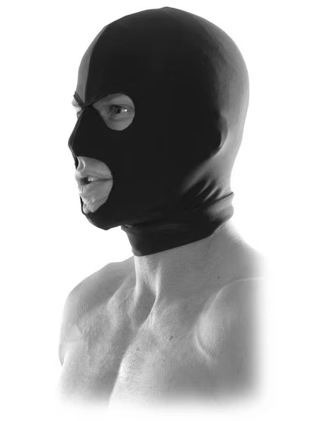 Fetish Fantasy Limited Edition Spandex Hood in black shown on model with open eyes and mouth