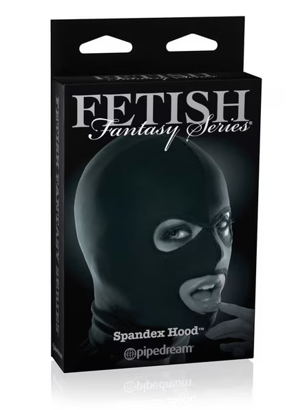 Fetish Fantasy Limited Edition Spandex Hood retail packaging showing black stretch hood with open eyes and mouth