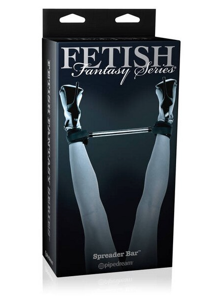 Fetish Fantasy Limited Edition Spreader Bar retail packaging with model legs in restraints