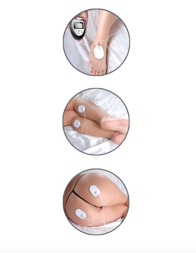 Fetish Fantasy Shock Therapy Kit electrode pads applied to thighs and buttocks during use