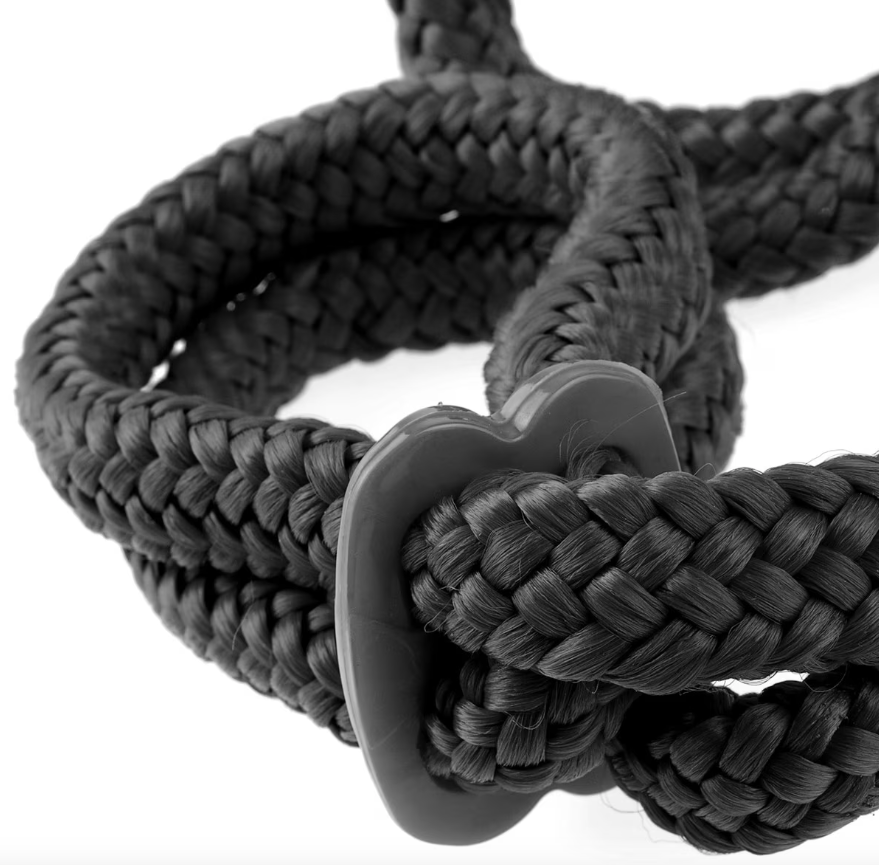 Close-up of Fetish Fantasy Silk Rope Love Cuffs Black showing silky rope and adjustable cinch