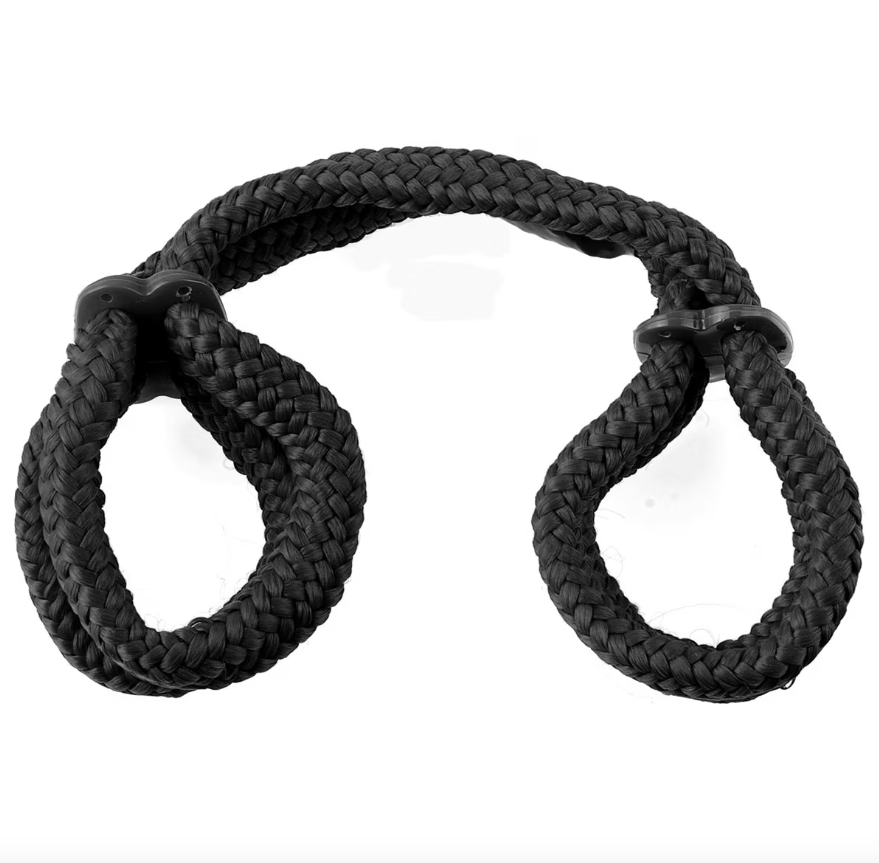 Fetish Fantasy Silk Rope Love Cuffs Black displayed flat highlighting soft texture for wrists and ankles