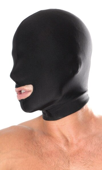 Fetish Fantasy Spandex Open Mouth Hood in black shown on model with open mouth and eyes