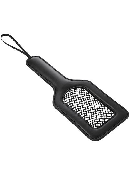 Fishnet Paddle in black faux leather with fishnet detail shown at an angle with wrist loop