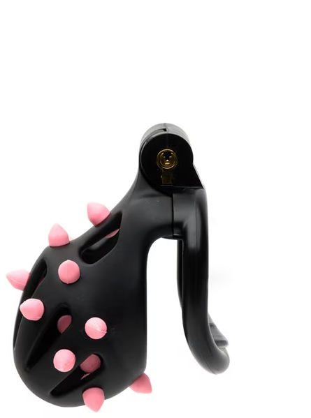 FlexiSpike Size 1 – high-quality resin chastity cage with four secure rings, ABS pin, and black/pink silicone spikes for intimate control