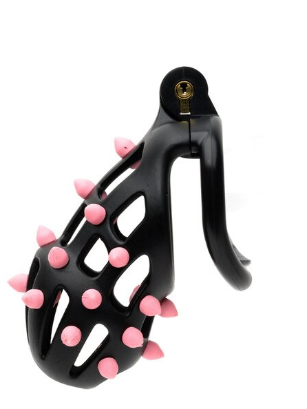FlexiSpike Size 2 – high-quality resin chastity cage with four secure rings, ABS pin, and black/pink silicone spikes for intimate control