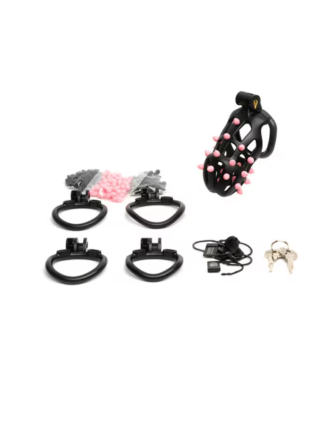 CellMate FlexiSpike Black/Pink – body-safe male chastity device with brass lock, alloy keys, and customisable locking options