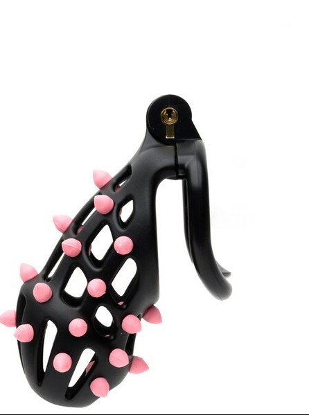 FlexiSpike Size 3 – high-quality resin chastity cage with four secure rings, ABS pin, and black/pink silicone spikes for intimate control