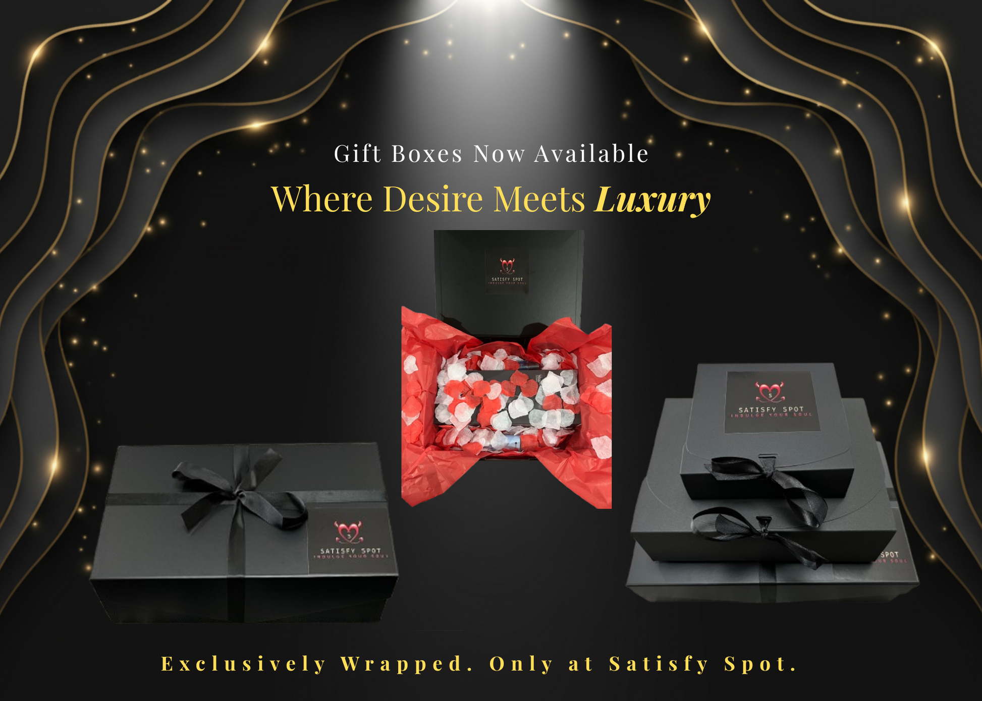 Gift boxes with red ribbon and black packaging on a dark background with decorative elements.