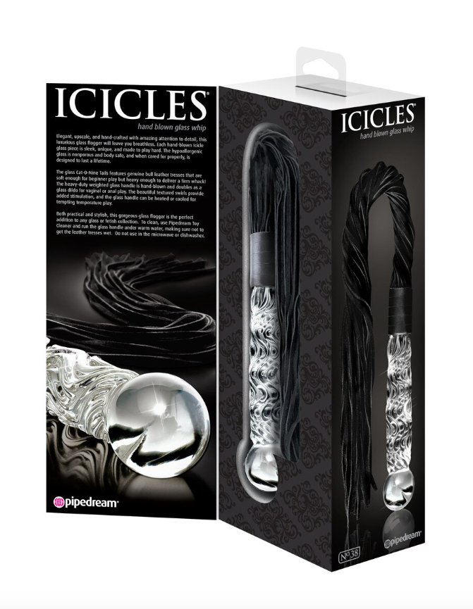 Icicles No. 38 retail packaging showing glass handle flogger from angled view