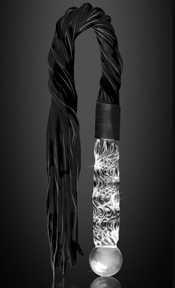 Icicles No. 38 flogger with hand-blown glass handle and long black falls shown on black background