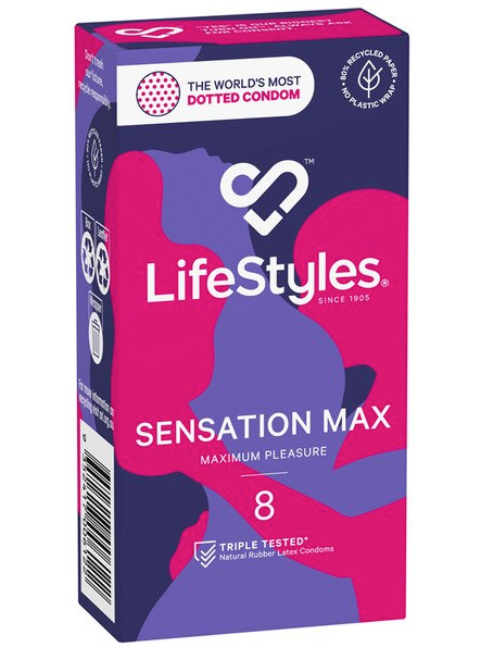 LifeStyles Sensation Max 8-pack condoms – premium textured latex condoms designed for enhanced stimulation and reliable protection