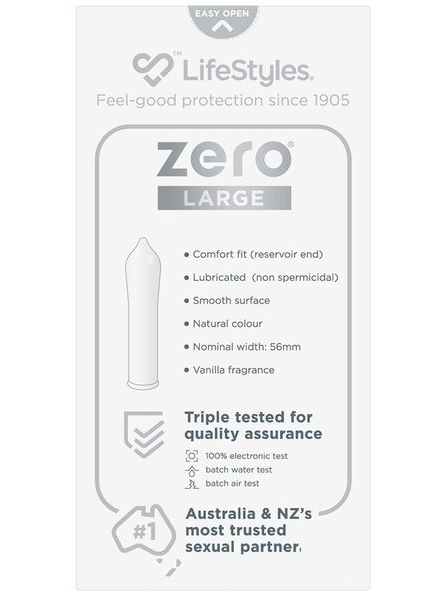 10-pack LifeStyles Zero Large – premium latex condoms designed for enhanced sensation and reliable intimate safety