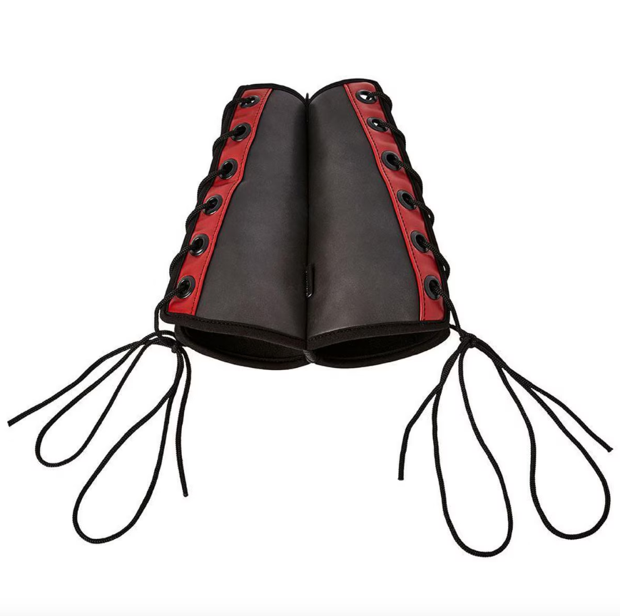 Saffron Gauntlet Cuffs in black with red lace-up design, displayed against white background