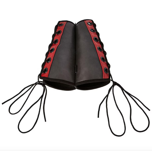 Saffron Gauntlet Cuffs in black with red lace-up design, displayed against white background