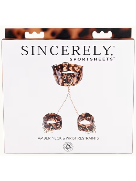 Amber Neck and Wrist Restraint – Tortoiseshell-Inspired Bondage with Gold-Plated Chains