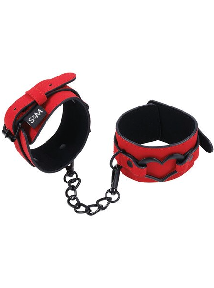 Sex and Mischief Amor Handcuffs in red vegan leather with black heart accents and connecting chain