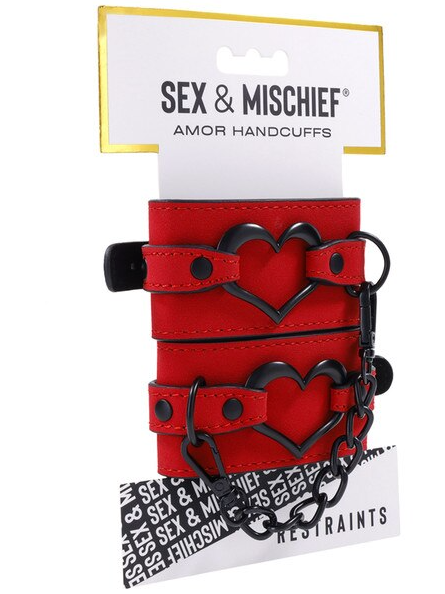Sex and Mischief Amor Handcuffs retail packaging showing red cuffs and chain inside box