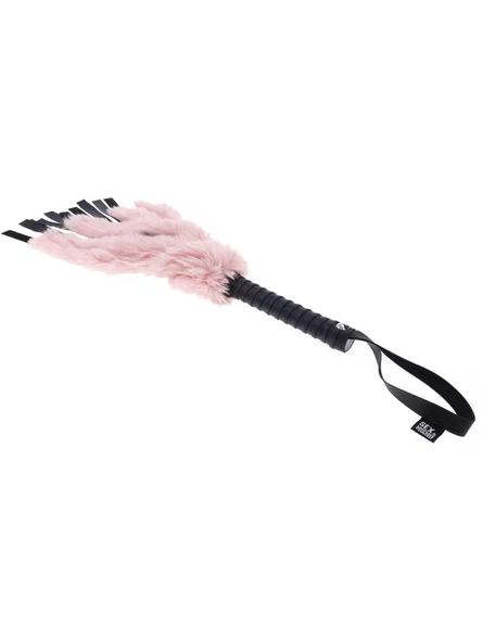 Full view of Sex and Mischief Brat Faux Fur Flogger with blush pink faux fur falls and wrist strap