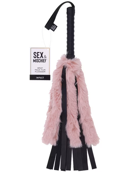 Sex and Mischief Brat Faux Fur Flogger retail packaging showing blush faux fur flogger with black handle