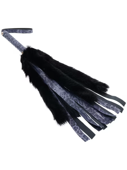 Sex and Mischief Cougar Faux Fur Flogger in purple laid flat with faux fur and faux leather falls