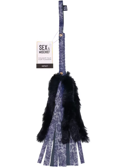 Sex and Mischief Cougar Faux Fur Flogger in purple with faux fur falls, leopard print strap, and gold accents