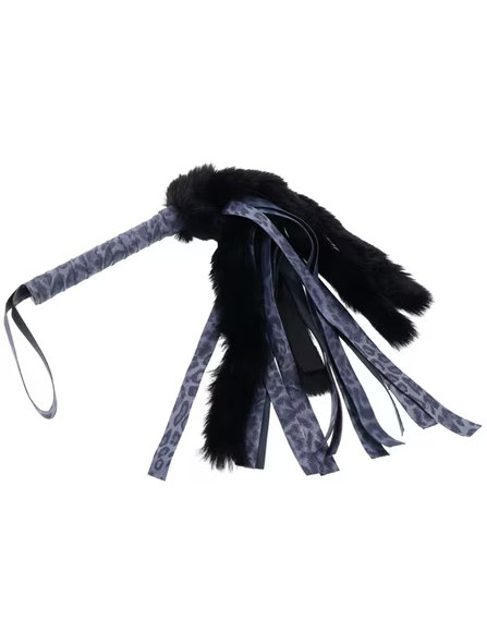 Sex and Mischief Cougar Faux Fur Flogger in purple shown coiled with strap and faux fur detail