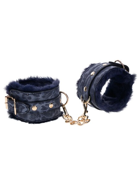 Sex and Mischief Cougar Fur Handcuffs in blue faux fur with gold chain and buckles