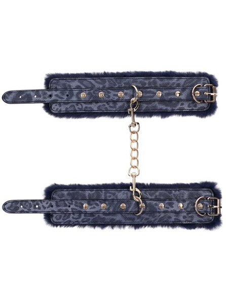 Pair of Sex and Mischief Cougar Fur Handcuffs laid flat showing adjustable straps and connecting chain