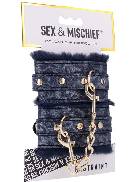 Sex and Mischief Cougar Fur Handcuffs retail packaging with blue faux fur cuffs and gold hardware