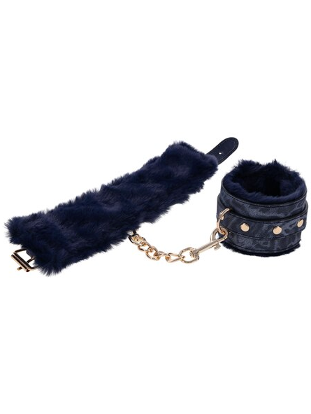 Sex and Mischief Cougar Fur Handcuffs in blue faux fur folded together with gold details