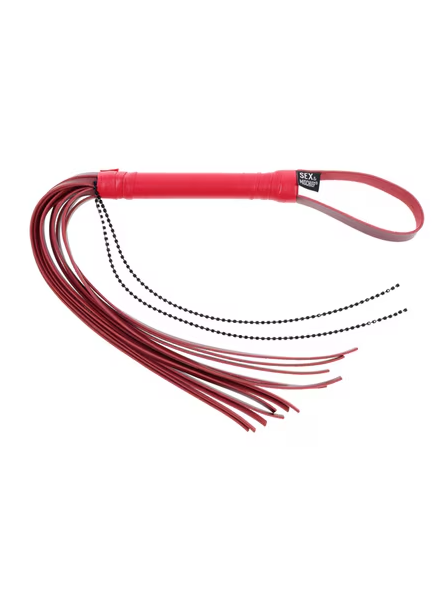 Ex’s and Oh’s Crystal Flogger by Sex and Mischief – stylish BDSM accessory featuring red faux leather handle, sparkling crystal strands, and versatile tails for teasing or impact play