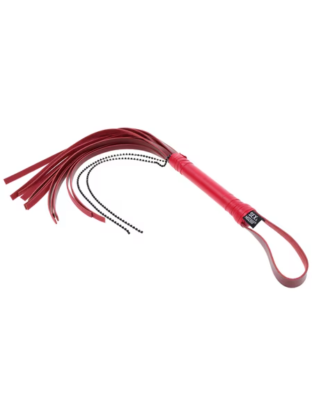 Sex and Mischief Crystal Flogger – luxurious fetish flogger with wrist loop, red faux leather handle, and black crystal-detailed falls for couples’ bondage and intimate roleplay