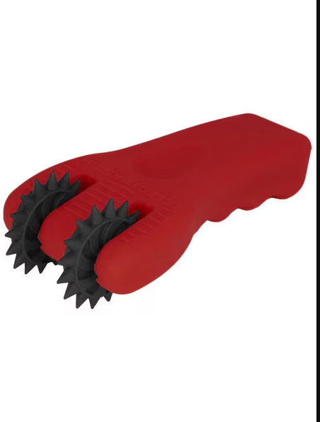 Side view of Silicone Fusion Infinity Pinwheel in red with dual black silicone wheels