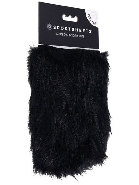 Spiked Sensory Mitt retail packaging showing black faux fur design