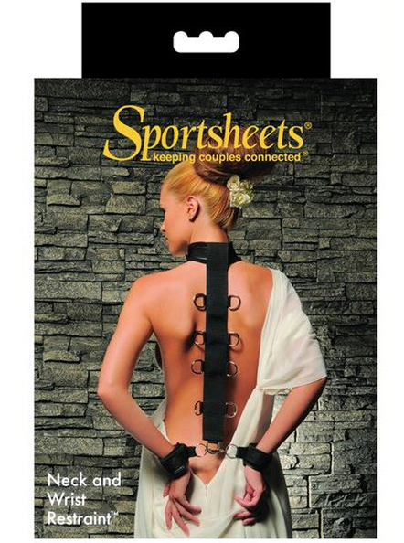 Sportsheets Neck and Wrist Restraint packaging showing model with collar and cuffs connected by nylon strap