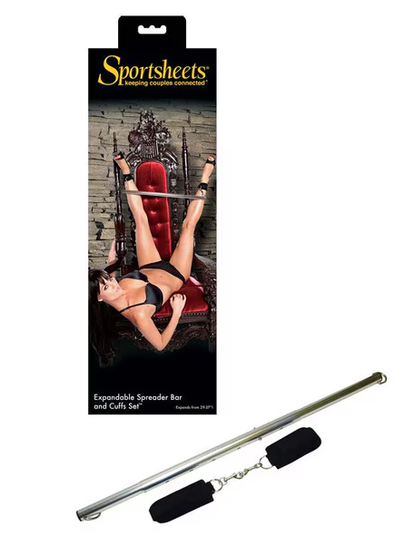Sportsheets Spreader Bar and Cuffs Set packaging with product shown below